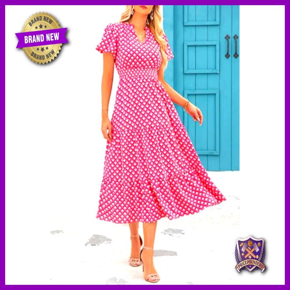 Floral Maxi Dress V Neck Puff Sleeve Smocked Waist Boho Summer Casual - Picture 2 of 7